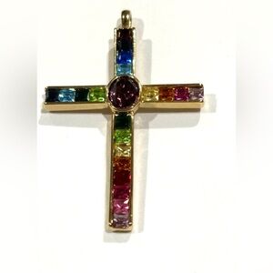 1998 PSCO cross pendant multi color rhinestone 2” x 1 1/4”